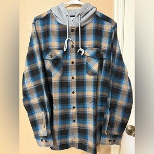Men’s Blue and Tan Hooded Button Down Long Sleeve Shirt. NWOT